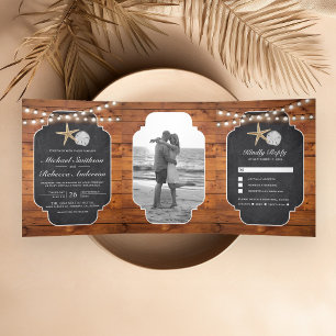 Holz-Schiefertafel-Seestern-Sand-Dollar-Strandhoch Dreifach Gefaltete Einladung