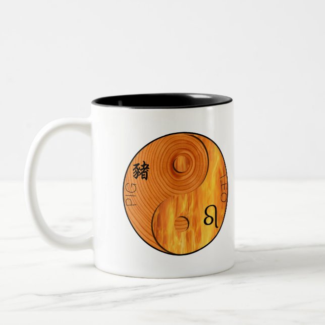 Holz Schwein 1935 1995 Feuerstein Zodiac Birthday  Zweifarbige Tasse (Links)