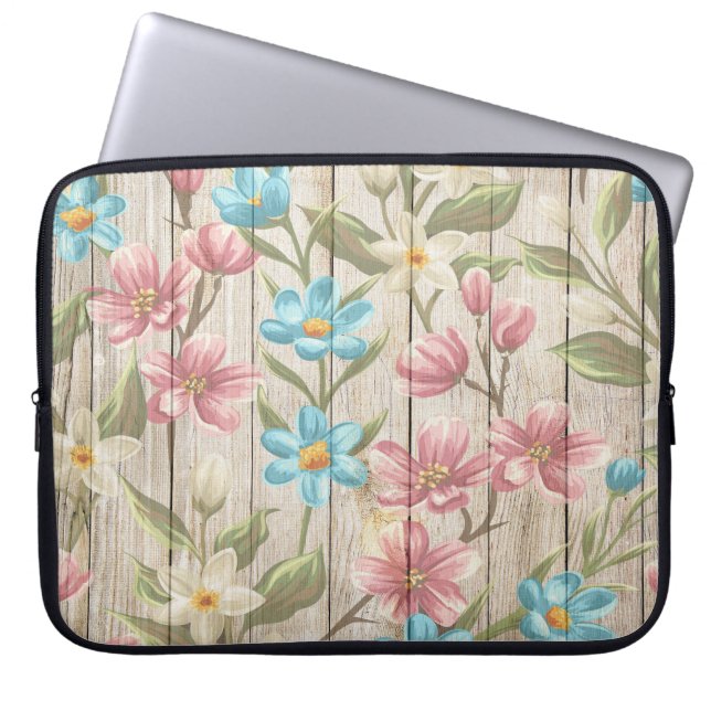 HOLZ SIEHT TEXTURE MIT PASTEL-BLUME AUS LAPTOPSCHUTZHÜLLE (Vorderseite)