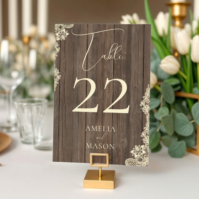 Holz-Spitze-Hochzeit-Rustikale-Tischnummer-Karte Tischnummer (Wood Lace Wedding Rustic Table Number Card)