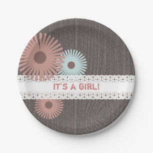 Holz + Spitze-inspirierte Blumenbaby-Dusche Pappteller