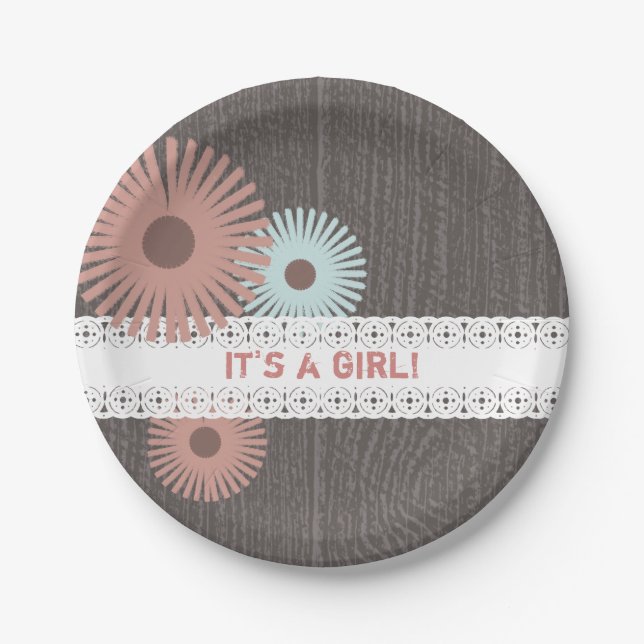 Holz + Spitze-inspirierte Blumenbaby-Dusche Pappteller (Vorderseite)