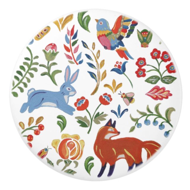 Holz Tierische Blume Rustikale Folklorekunst farbe Keramikknauf (Vorderseite)