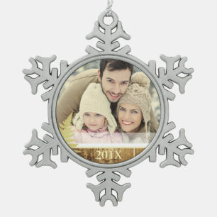 Holz- und Goldfern-Foto Schneeflocken Zinn-Ornament