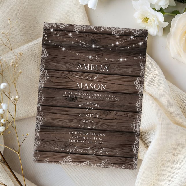 Holz- und Spitzen-Lichterkette Rustikale Hochzeits (Wood & Lace String Light Rustic Wedding Invitation)