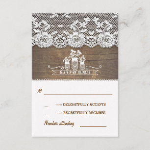 Holz- und Spitzen-Mason-Glas rustikale Hochzeitska RSVP Karte