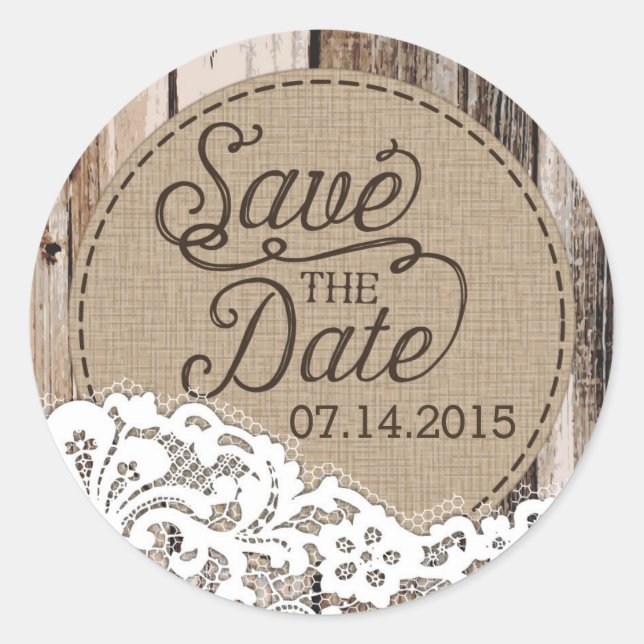 Holz und Spitzen Rustikales Save the Date Label Runder Aufkleber (Vorderseite)