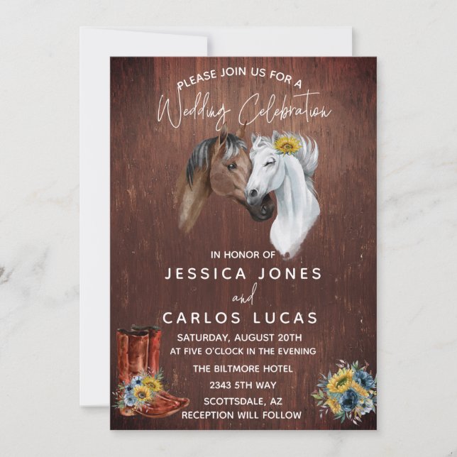 Holz Western Pferde Stiefel Sonnenblumen Wasserfar Einladung (Vorderseite)