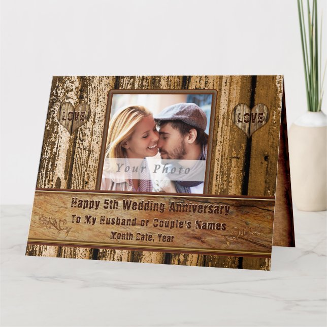 Holzaussehen 5th Anniversary Card für Husband, BIG Karte (Vorderseite)