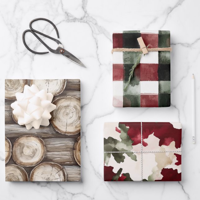 Holzbaumkabine Rotes grünes Weihnachtsfest Geschenkpapier Set (Vorderseite)