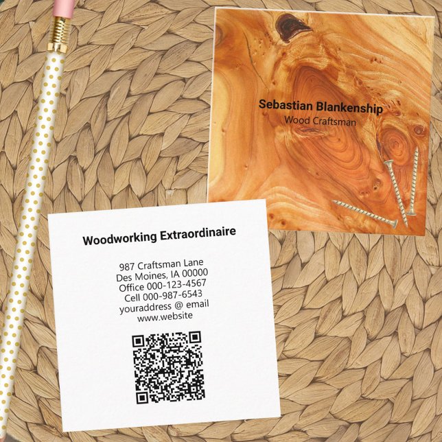Holzbearbeitungshandwerker fertigen QR-Code für Ho Quadratische Visitenkarte (square business card front and back template)