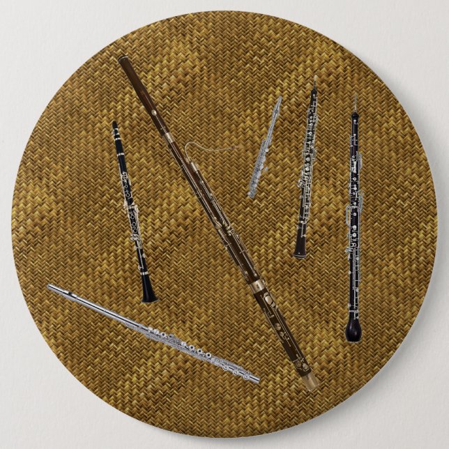 Holzblasinstrument-Familie auf Korbgeflecht-Blick Button (Vorderseite)