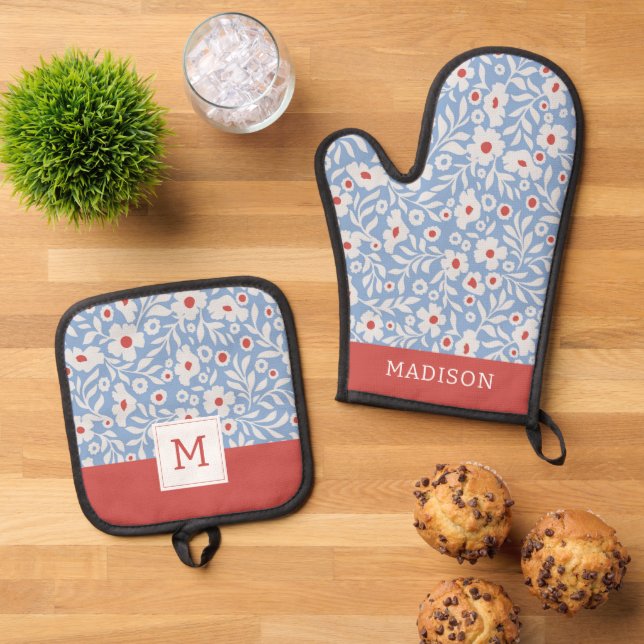 Holzblock-Blumenmuster Ofenhandschuh & Topflappen-Set (Oben Unten)