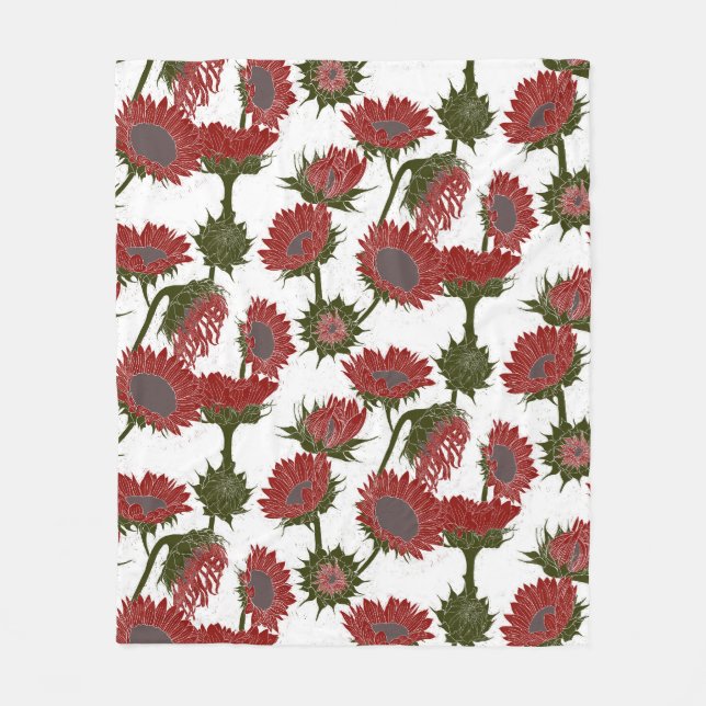 Holzblock Print Sunflower rot Fleecedecke (Vorderseite)