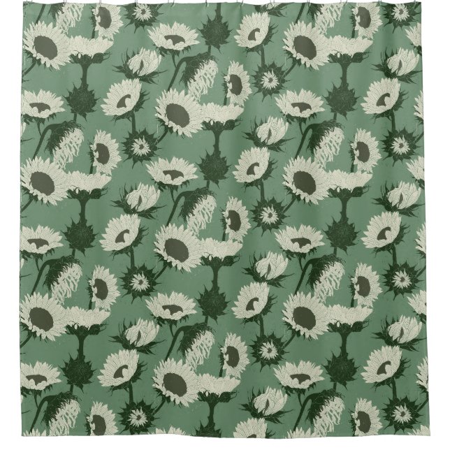 Holzblock Print Sunflower weiß Duschvorhang (Vorderseite)
