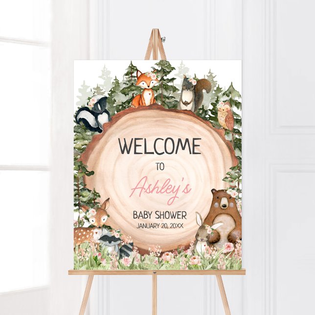 Holzblumenholz-Slice Willkommen Poster (Floral Woodland Animals Baby Shower Welcome Sign)