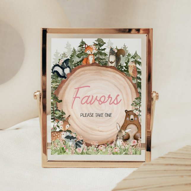 Holzblütenfavoriten Poster (Floral Woodland Animals Baby Shower Favors Sign)