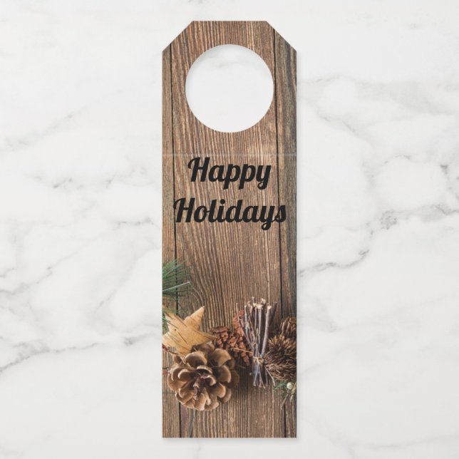 Holzboden mit Kiefernzapfen Flaschenanhänger (Vorderseite)