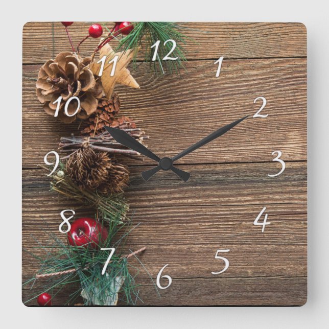 Holzboden mit Kiefernzapfen Quadratische Wanduhr (Vorderseite)