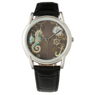 Holzboden mit mechanischem Seepferd Armbanduhr