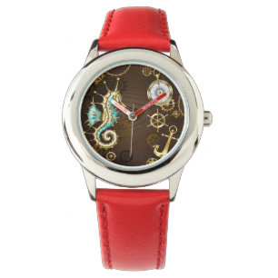 Holzboden mit mechanischem Seepferd Armbanduhr