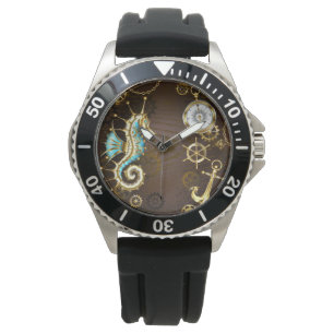 Holzboden mit mechanischem Seepferd Armbanduhr