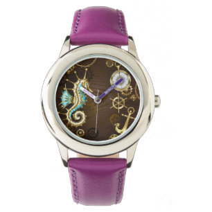 Holzboden mit mechanischem Seepferd Armbanduhr
