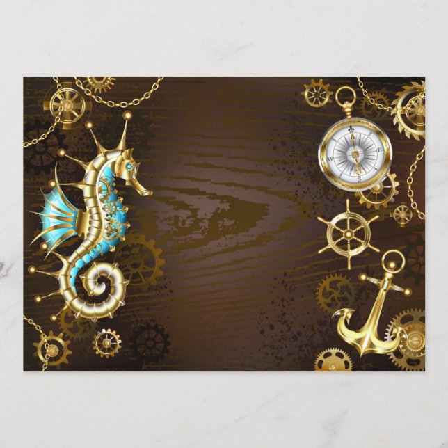 Holzboden mit mechanischem Seepferd Menükarte (Vorderseite)