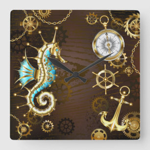 Holzboden mit mechanischem Seepferd Quadratische Wanduhr