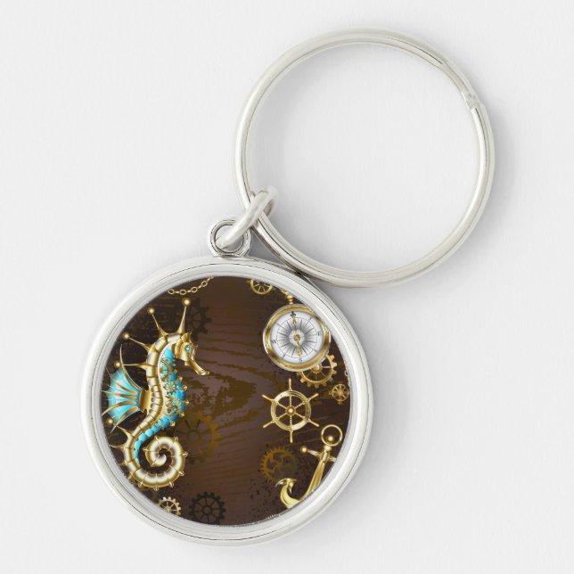 Holzboden mit mechanischem Seepferd Schlüsselanhänger (Vorne)