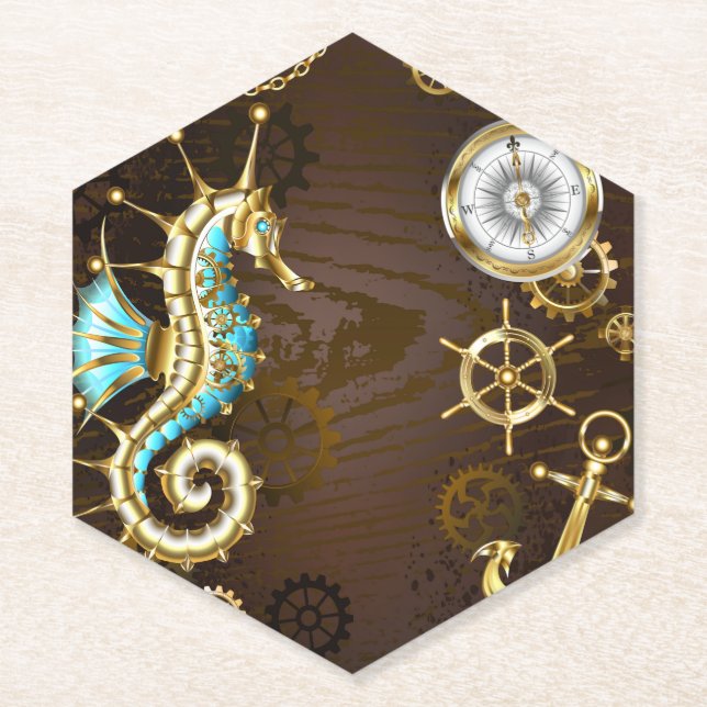 Holzboden mit mechanischem Seepferd Untersetzer (Vorderseite)