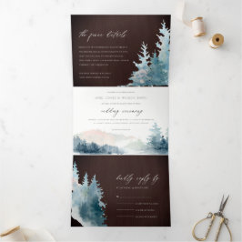 HOLZBROWN BLAUE BERGE PINE WATERCOLOR WEDD DREIFACH GEFALTETE EINLADUNG
