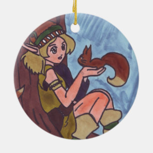 Holzelf mit Eichhörnchen Keramik Ornament