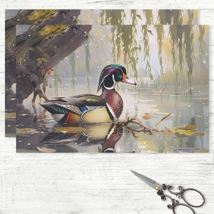 Holzente auf dem Teich Kunstwerk Decoupage Seidenpapier