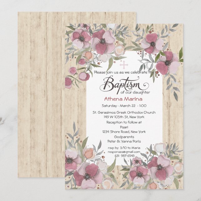 Hölzerne Taufe-Einladung Athene Einladung (Vorne/Hinten)