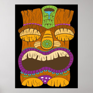 Hölzerne Tiki-Statue mit offenem Mund, lustig schw Poster