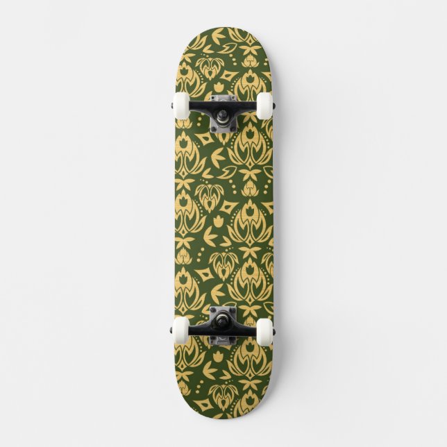 Hölzerner Blumendamastmusterhintergrund Skateboard (Vorderseite)