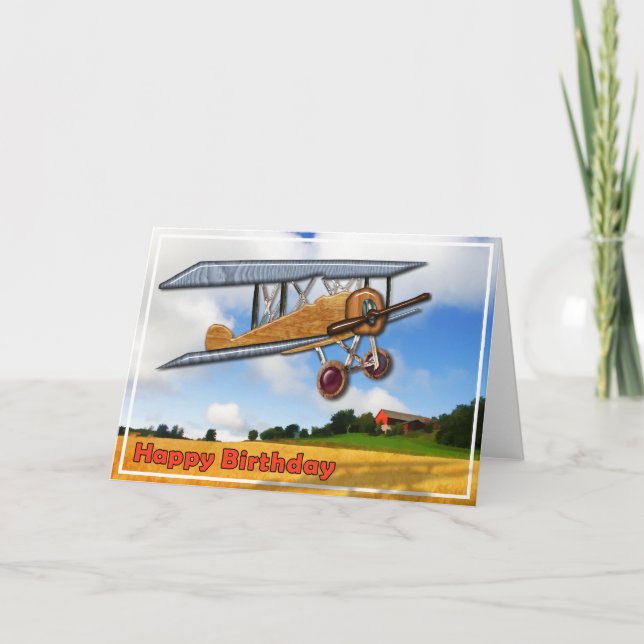 Hölzerner Doppeldecker über Feld-alles Gute zum Karte (Vorderseite)