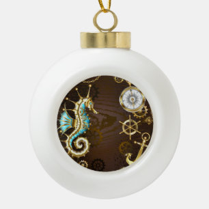 Hölzerner Hintergrund mit mechanischem Seepferd Keramik Kugel-Ornament