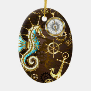 Hölzerner Hintergrund mit mechanischem Seepferd Keramik Ornament
