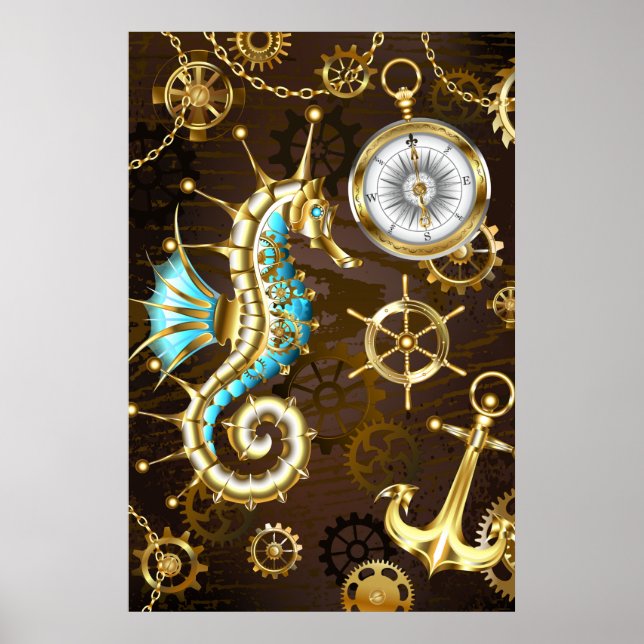 Hölzerner Hintergrund mit mechanischem Seepferd Poster (Vorne)