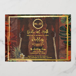 Hölzerner Tiki Vintage Hawaiian Gold Hochzeit Folieneinladung