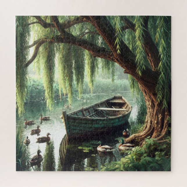 Hölzernes Ruderboot unter einer Weide Puzzle (Vertikal)