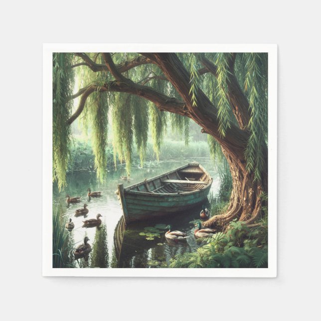Hölzernes Ruderboot unter einer Weide Serviette (Vorderseite)