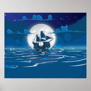 Hölzernes Segelschiff auf Reise im Mondlicht Poster