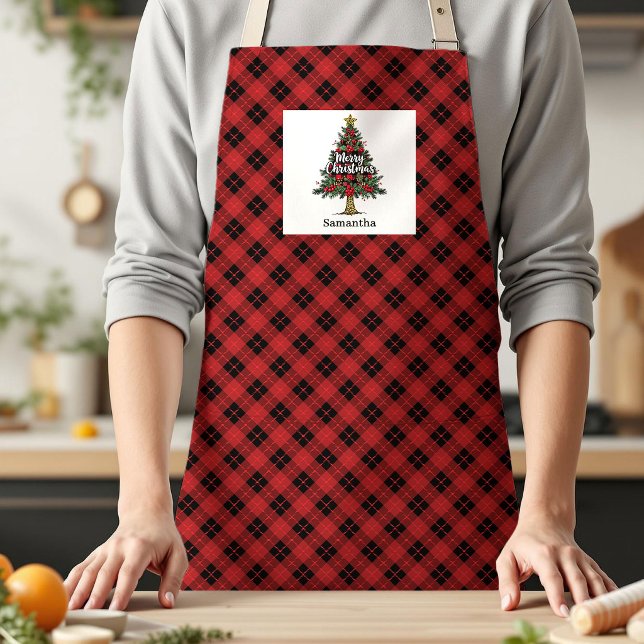 Holzfäller Buffalo Kariert Baum Benutzername Weihn Schürze (Lumberjack Buffalo Plaid Tree Custom Name Holiday Apron)