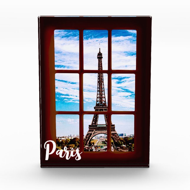 Holzfenster mit Blick auf den Eiffelturm, Paris Fotoblock (Vorderseite)