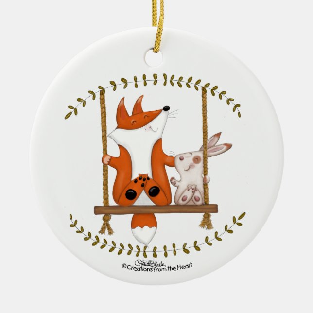 Holzfuchs und Sonnenschwung Keramik Ornament (Vorne)
