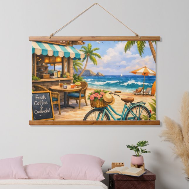 Holzgedecktes Strandcafé – Wandteppich Mit Holzrahmen (Schlafzimmer)