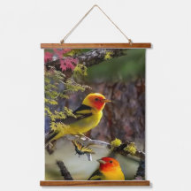 Holzgetöpfter Wandteppich Goldene Singvögel und Ro
